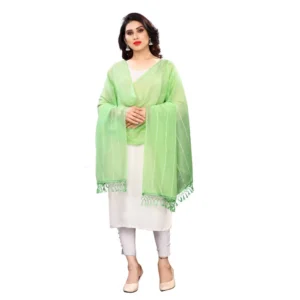 Generic Women's Cotton Silk Strips Printed Dupatta (Parrot Green, Length:2-2.4 mtr)