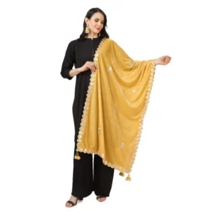 Generic Women's Velvet Gotta Patti Dupatta (Yellow, Length: 2.25 to 2.50 Mtr)