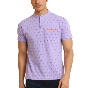 Generic Men's Casual Cotton Printed Mandarin Collar Half Sleeve T-Shirt (Lavender)