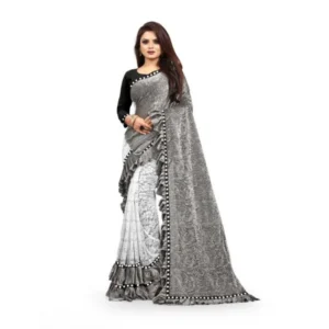 Generic Women's Silk With Mirror Lace Solid Saree With Unstitched Blouse (Grey, 5-5 Mtrs)