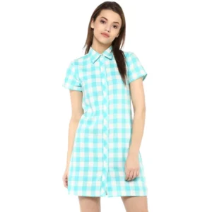 Generic Women's Rayon Checkered Short Sleeve Above Knee Dress (SkuBlue - White)
