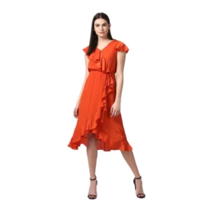 Generic Women's Polyester Ruffled Cap Sleeve Knee-Length Dress (Orange)