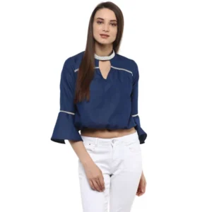 Generic Women's Polyester Solid Bell Sleeve Regular Top (Blue)
