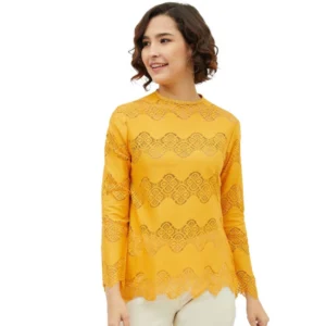 Generic Women's Cotton Lace Inserts Long Sleeves Top (Yellow)