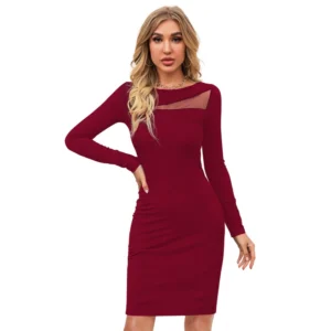 Generic Women's Knitting stretchable Solid Round Neck Full Sleeve Dress (Maroon)