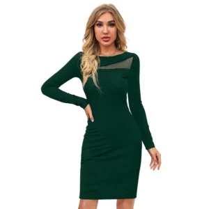 Generic Women's Knitting stretchable Solid Round Neck Full Sleeve Dress (Green )