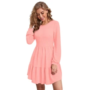 Generic Women's Knitting stretchable Solid Round Neck Full Sleeve Dress (Peach)