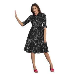 Generic Women's Ruby Cotton Printed Shirt Collar 3-4th Sleeve Dress (Black)