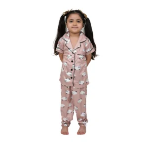 Generic Girl's Silk Bleand Printed Short Sleeve Night Suit Set (Brown)