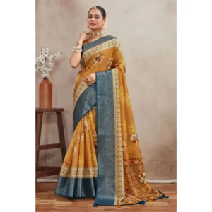 Generic Women's Crepe Silk Printed Saree With Unstitched Blouse 5.5Mtr (Mustard)