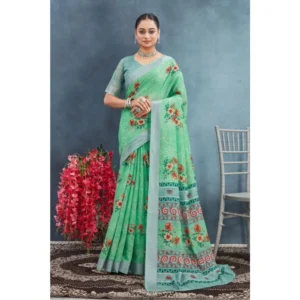 Generic Women's Linen Floral Printed Saree With Unstitched Blouse 5.5Mtr (Green)