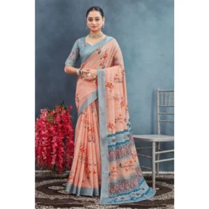 Generic Women's Linen Floral Printed Saree With Unstitched Blouse 5.5Mtr (Orange)