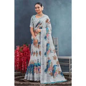 Generic Women's Linen Floral Printed Saree With Unstitched Blouse 5.5Mtr (Off-White)
