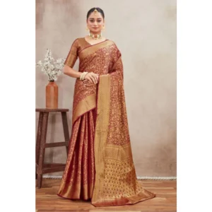 Generic Women's Silk Blend Floral Printed Saree With Unstitched Blouse 5.5Mtr (Brown)