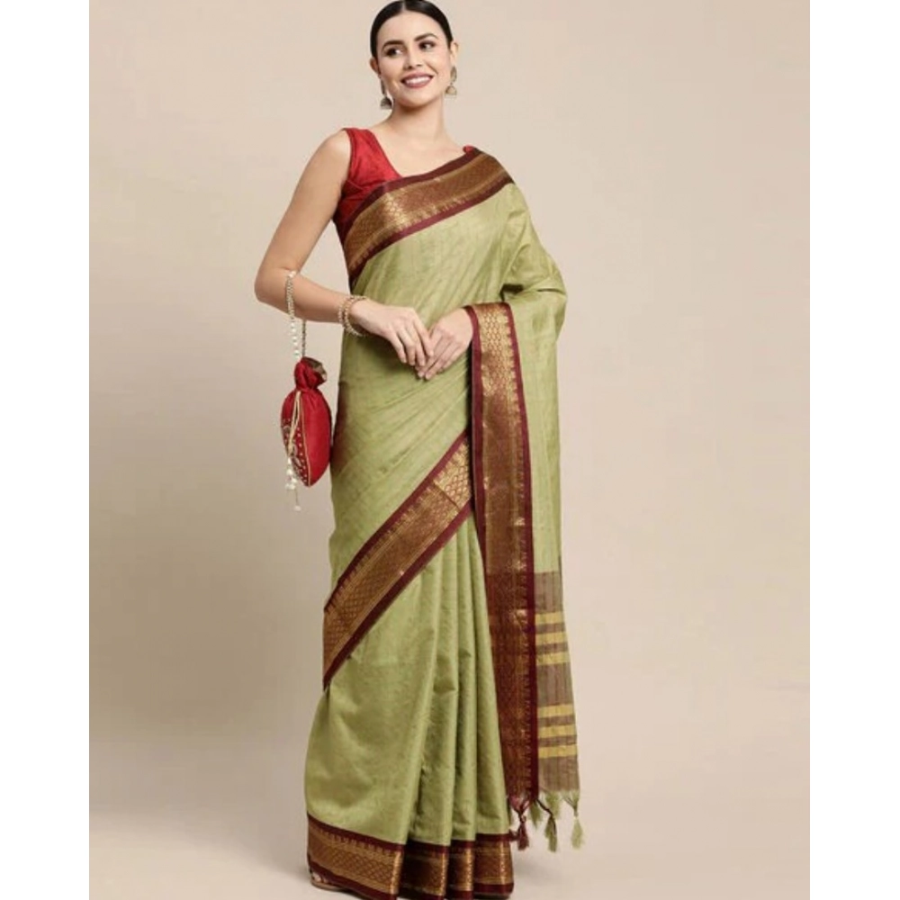 Generic Women's Cotton Silk Checkered Saree With Unstitched Blouse 5.5Mtr (olive)