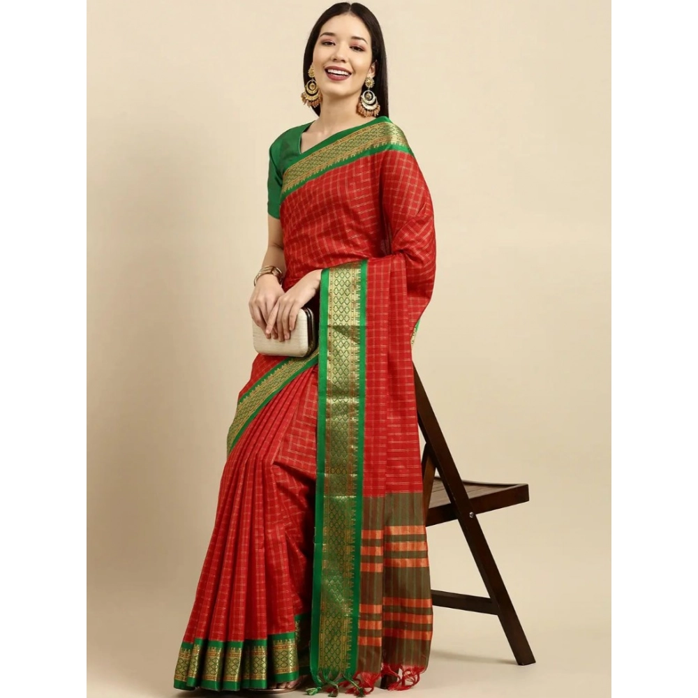 Generic Women's Cotton Silk Checkered Saree With Unstitched Blouse 5.5Mtr (Red)
