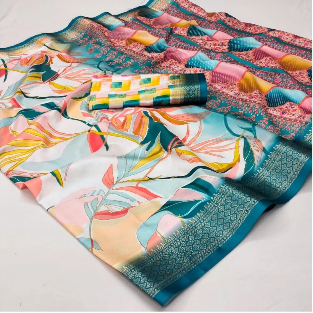 Generic Women's Cotton Silk Printed Saree With Unstitched Blouse 5.5Mtr (Multicolor)