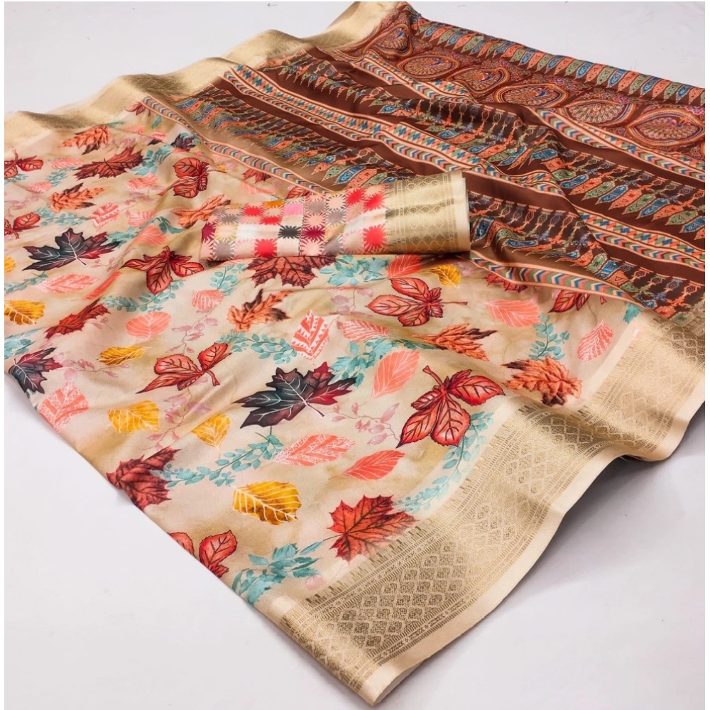 Generic Women's Cotton Silk Printed Saree With Unstitched Blouse 5.5Mtr (Multicolor)