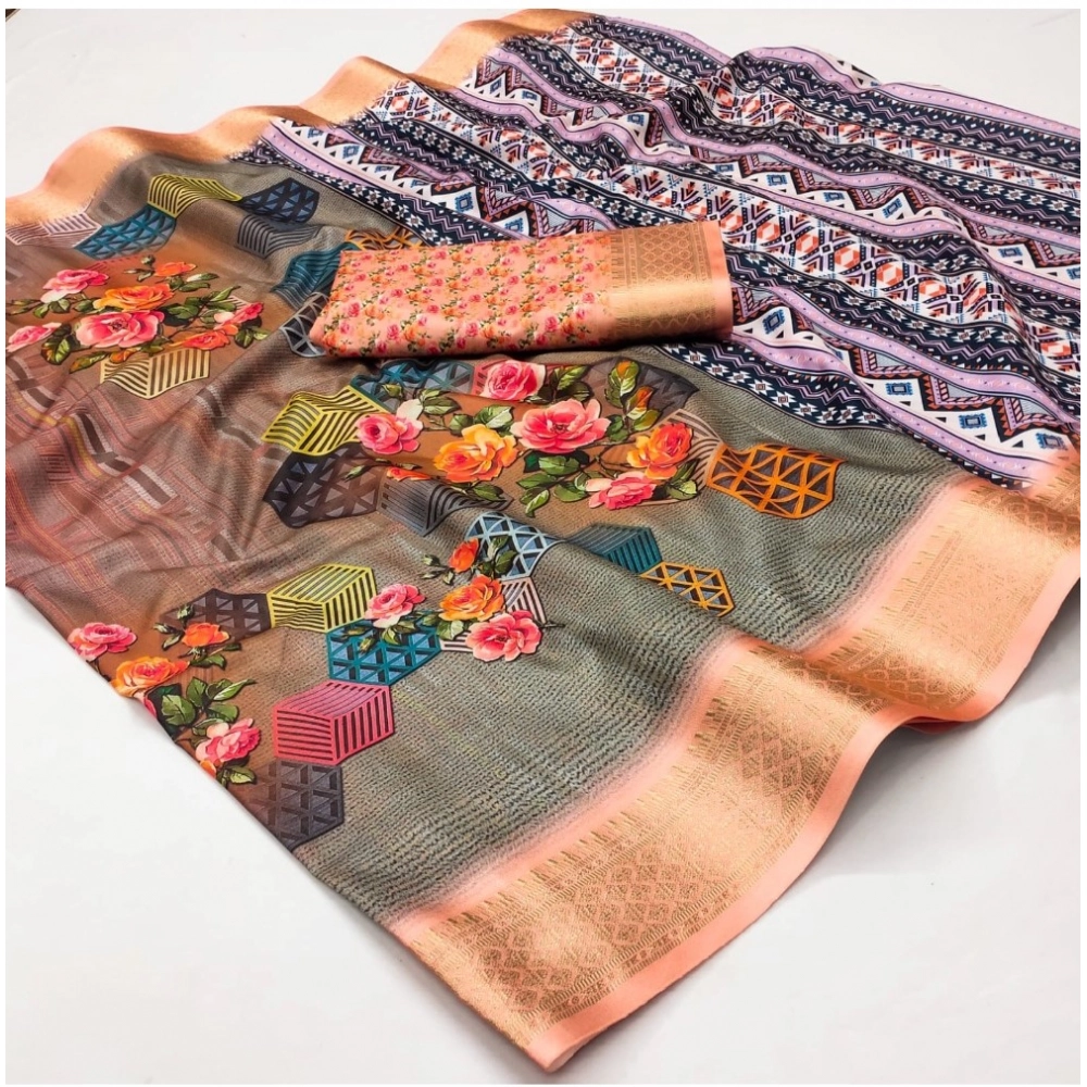 Generic Women's Cotton Silk Printed Saree With Unstitched Blouse 5.5Mtr (Multicolor)
