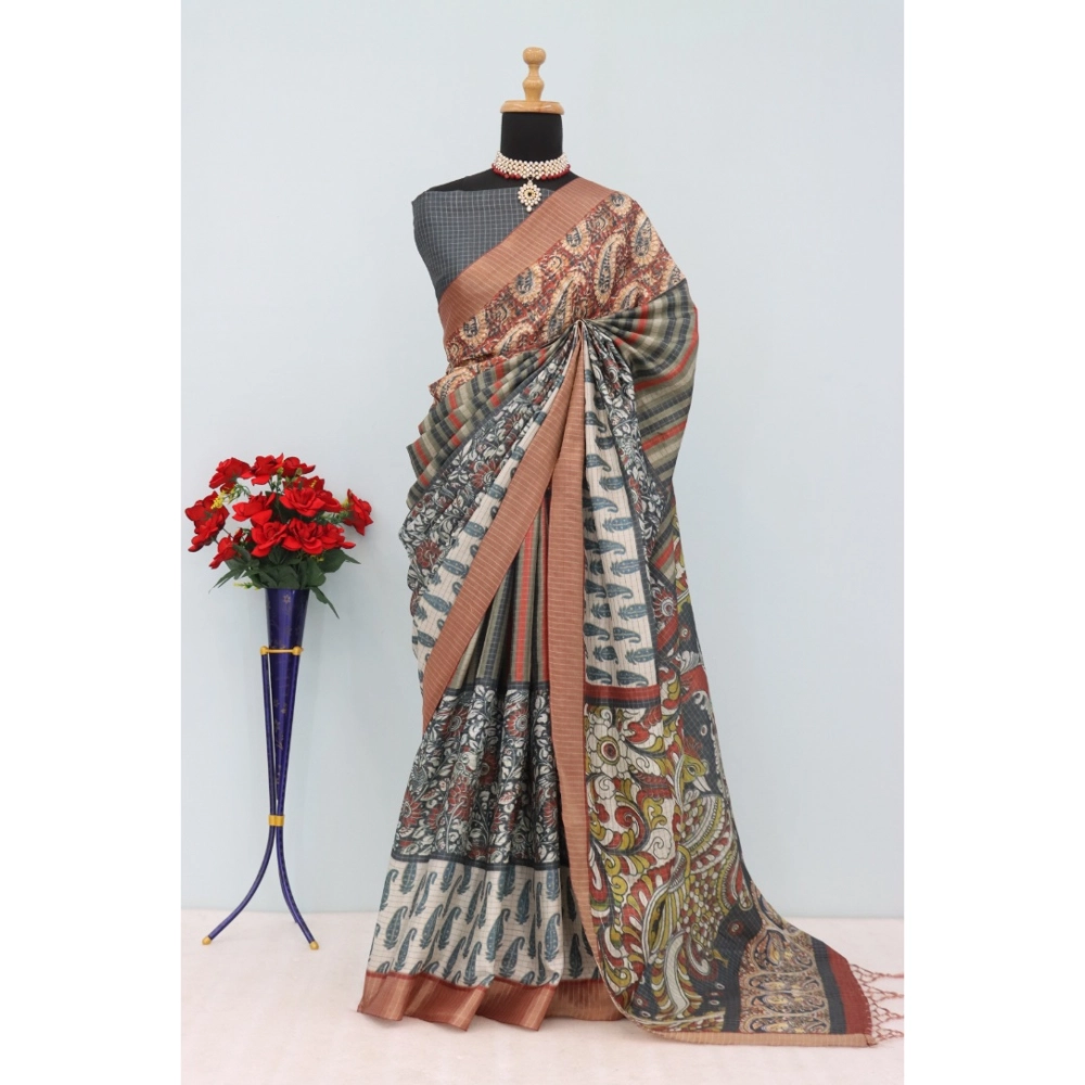 Generic Women's Mysore Silk Digital Print Saree With Unstitched Blouse 5.5Mtr (Grey)