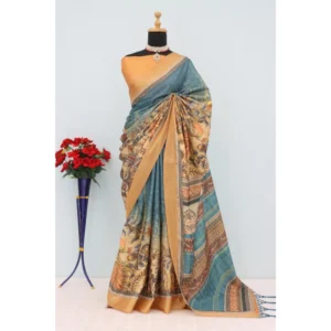Generic Women's Mysore Silk  Digital Print Saree With Unstitched Blouse 5.5Mtr (Blue)