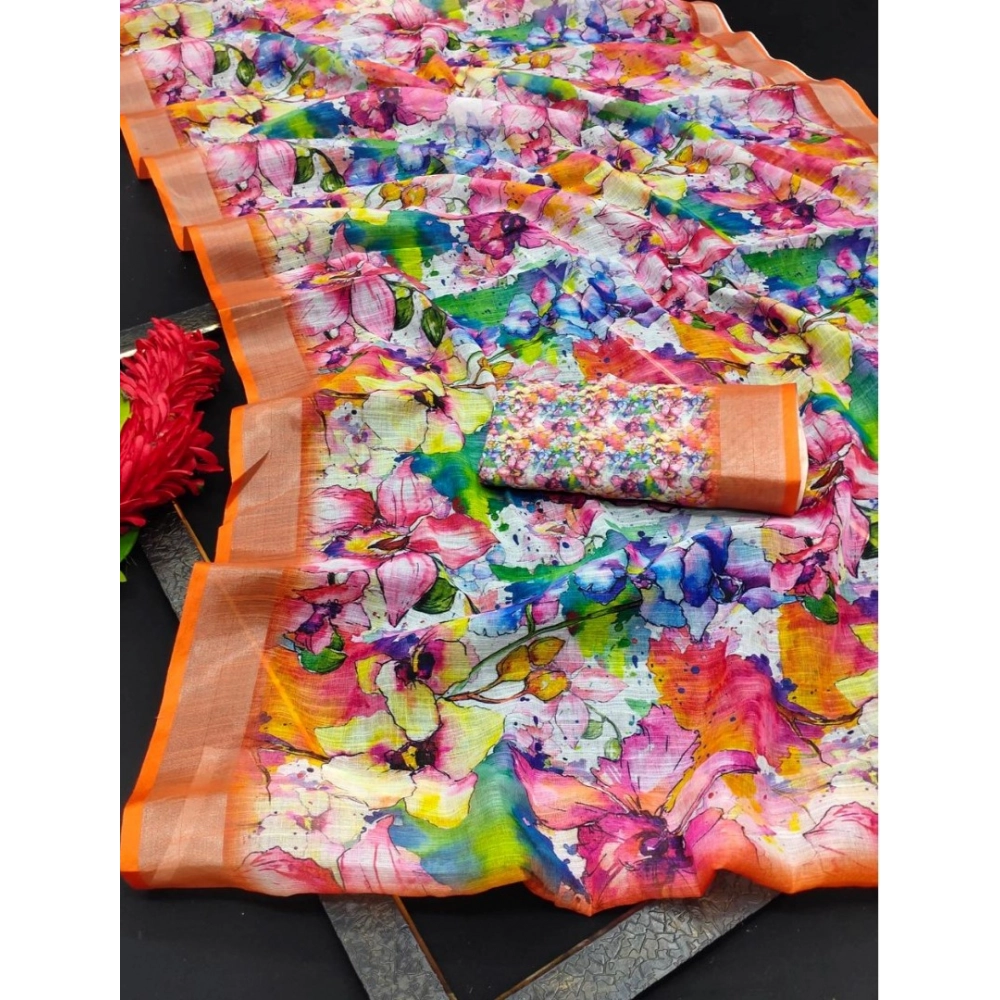 Generic Women's Cotton Linen Printed Saree With Unstitched Blouse 5.5Mtr (Orange)