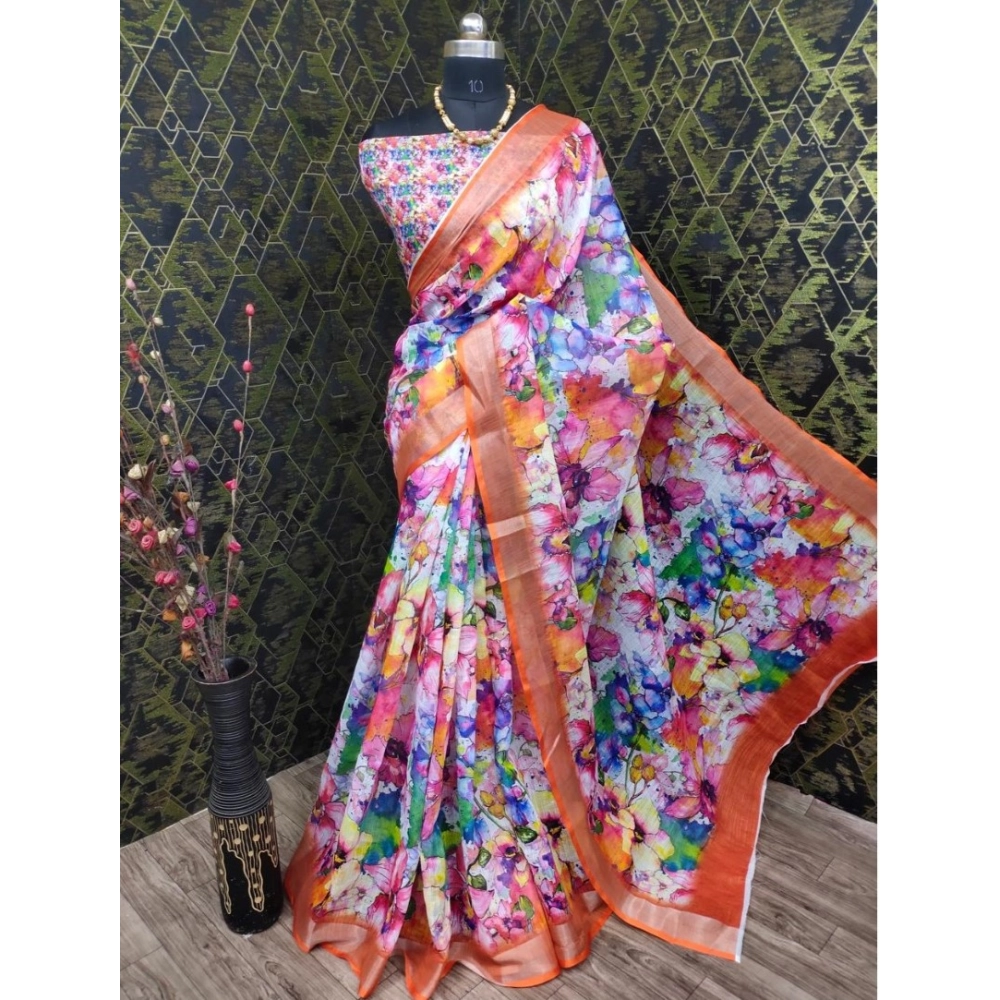 Generic Women's Cotton Linen Printed Saree With Unstitched Blouse 5.5Mtr (Orange) - Image 2