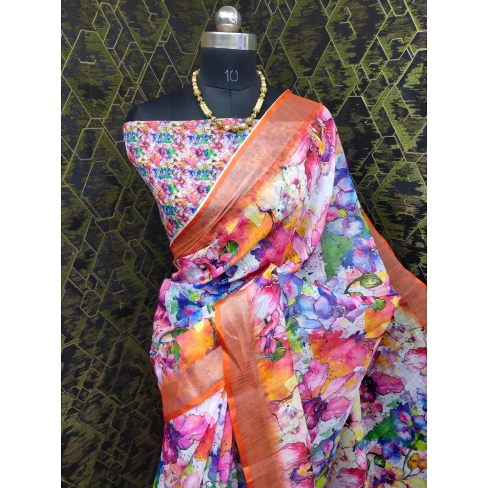 Generic Women's Cotton Linen Printed Saree With Unstitched Blouse 5.5Mtr (Orange) - Image 3