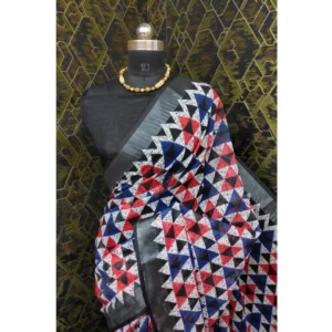 Generic Women's Cotton Linen Printed Saree With Unstitched Blouse 5.5Mtr (Black)