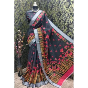 Generic Women's Cotton Linen Digital Print Saree With Unstitched Blouse 5.5Mtr (Black)