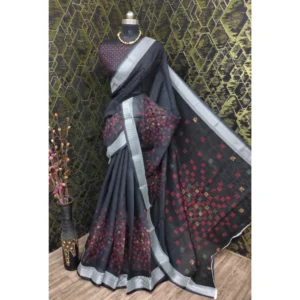 Generic Women's Cotton Linen Digital Print Saree With Unstitched Blouse 5.5Mtr (Black)