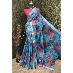 Generic Women's Cotton Linen Woven Design Saree With Unstitched Blouse 5.5Mtr (Blue)