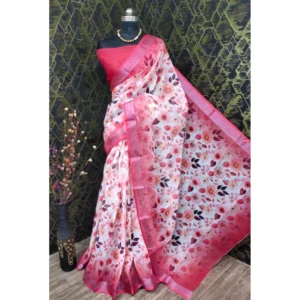 Generic Women's Cotton Linen Woven Design Saree With Unstitched Blouse 5.5Mtr (Red)