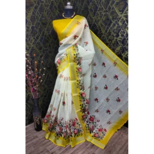 Generic Women's Cotton Linen Woven Design Saree With Unstitched Blouse 5.5Mtr (Yellow)
