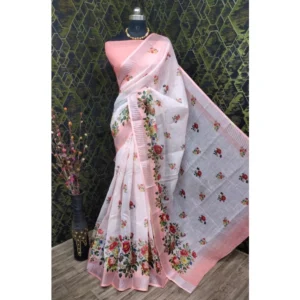 Generic Women's Cotton Linen Woven Design Saree With Unstitched Blouse 5.5Mtr (Peach)