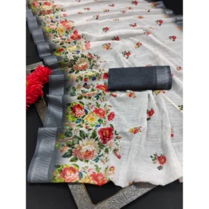 Generic Women's Cotton Linen Woven Design Saree With Unstitched Blouse 5.5Mtr (Black)