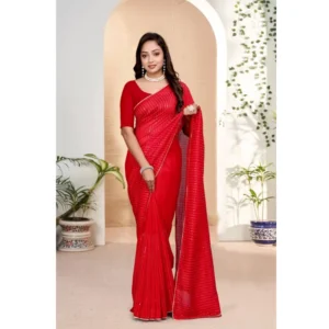 Generic Women's Vichitra Silk Striped Saree With Unstitched Blouse 5.5Mtr (Red)
