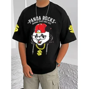 Generic Men's Casual Cotton Blend Printed Round Neck Half Sleeve T-Shirt (Black)