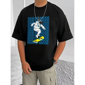 Generic Men's Casual Cotton Blend Printed Round Neck Half Sleeve T-Shirt (Black)