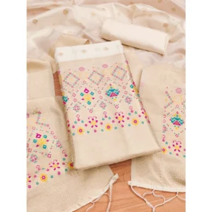 Generic Women's Banarasi Silk Printed Unstitched Salwar Suit Material With Dupatta (White, 3Mtrs)