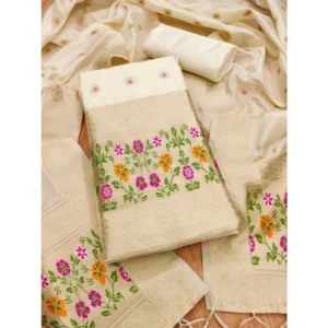 Generic Women's Banarasi Silk Printed Unstitched Salwar Suit Material With Dupatta (White, 3Mtrs)