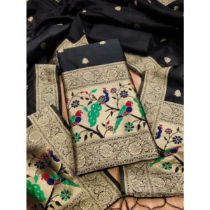 Generic Women's Banarasi Silk Printed Unstitched Salwar Suit Material With Dupatta (Black, 3Mtrs)