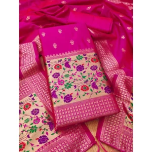 Generic Women's Banarasi Silk Printed Unstitched Salwar Suit Material With Dupatta (Pink, 3Mtrs)
