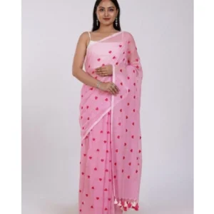 Generic Women's Linen Printed Saree With Unstitched Blouse 5.5Mtr (Pink)