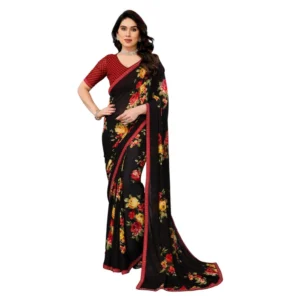 Generic Women's Georgette Printed Saree With Unstitched Blouse 5.5Mtr (Black)