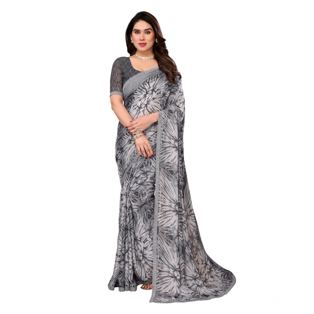 Generic Women's Georgette Printed Saree With Unstitched Blouse 5.5Mtr (Grey)