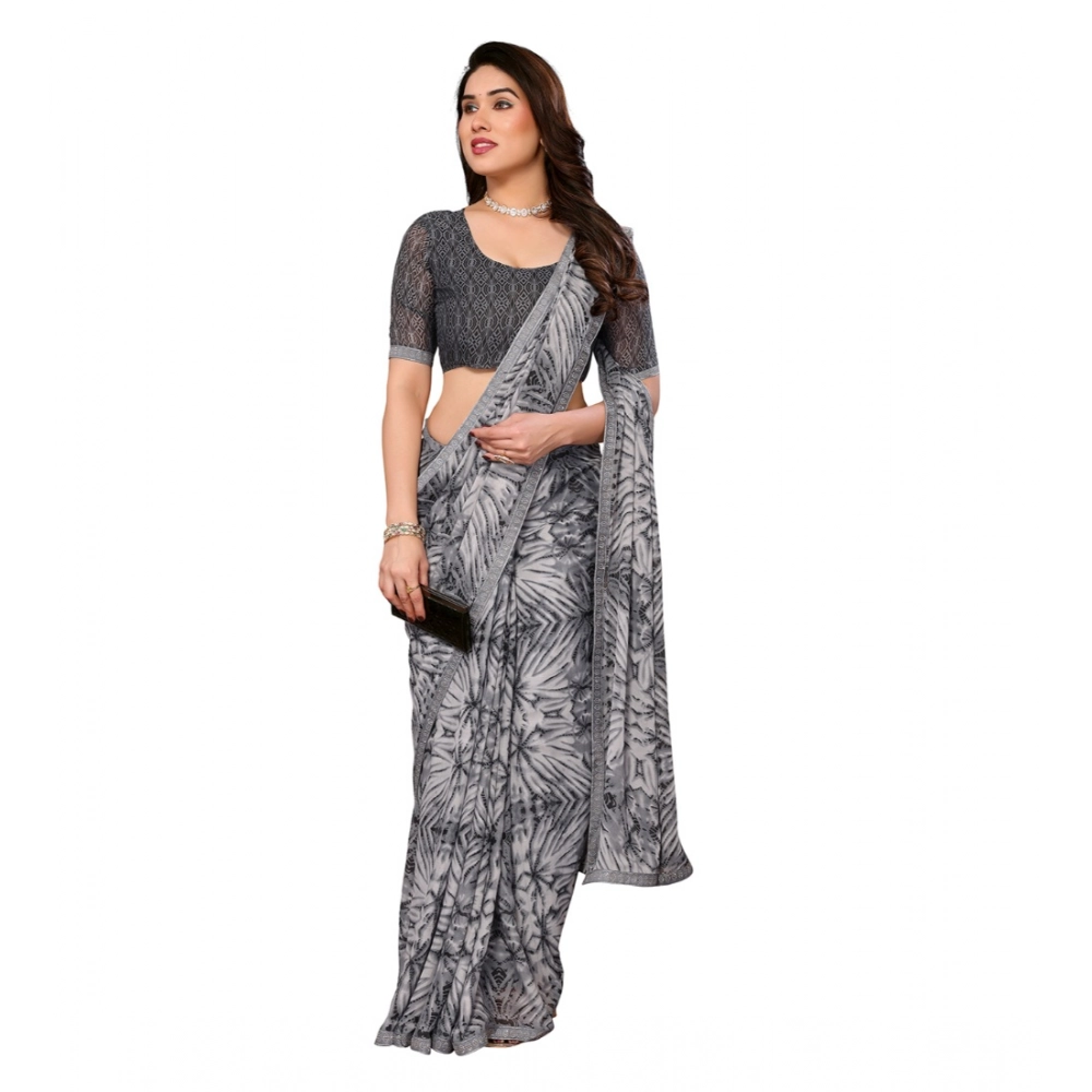 Generic Women's Georgette Printed Saree With Unstitched Blouse 5.5Mtr (Grey) - Image 2