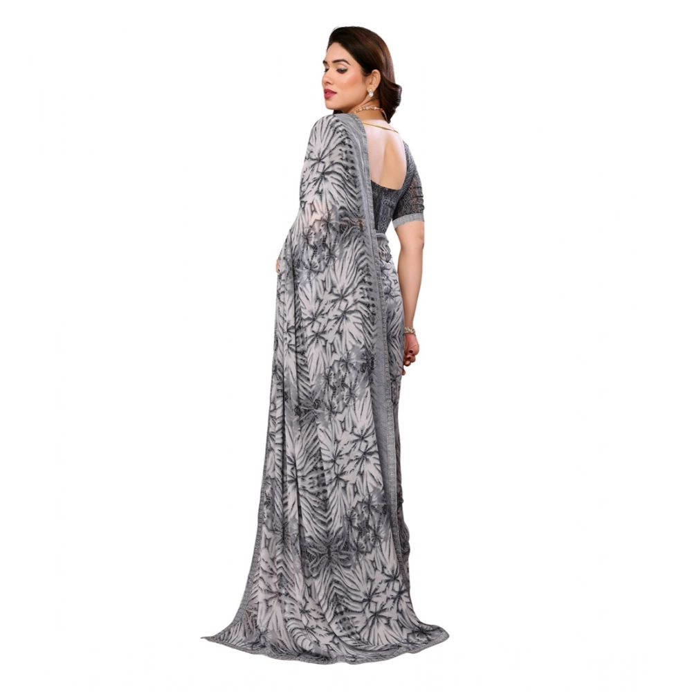 Generic Women's Georgette Printed Saree With Unstitched Blouse 5.5Mtr (Grey) - Image 3