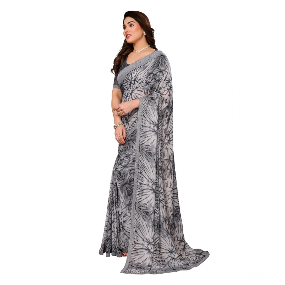 Generic Women's Georgette Printed Saree With Unstitched Blouse 5.5Mtr (Grey) - Image 4
