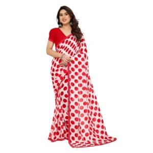 Generic Women's Georgette Printed Saree With Unstitched Blouse 5.5Mtr (Red-White)